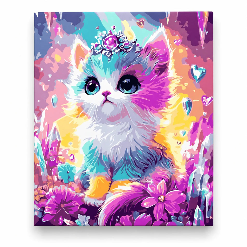 Rainbow Kitten with Crystal Crown paint by numbers artwork on a front-facing canvas against a white background