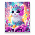 Rainbow Kitten with Crystal Crown paint by numbers artwork on a front-facing canvas against a white background