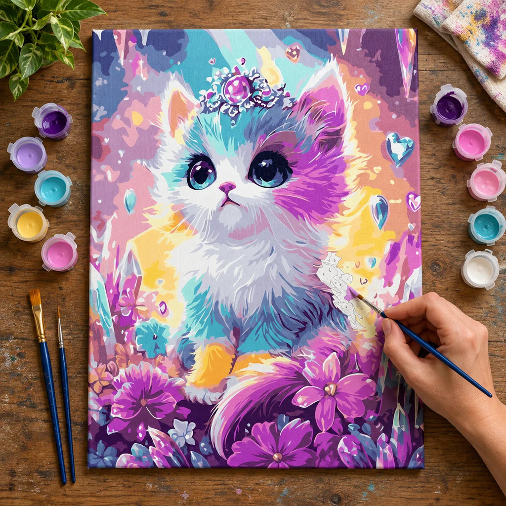 Complete Rainbow Kitten with Crystal Crown numbered canvas being painted with acrylic paints and brushes