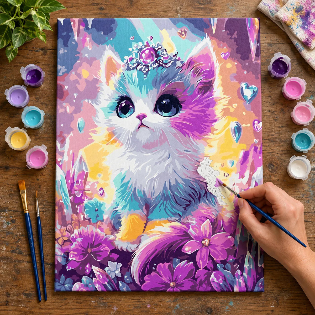 Complete Rainbow Kitten with Crystal Crown numbered canvas being painted with acrylic paints and brushes