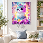 Rainbow Kitten with Crystal Crown shown in a styled room with 15.7 × 19.7 in and 40 × 50 cm dimensions