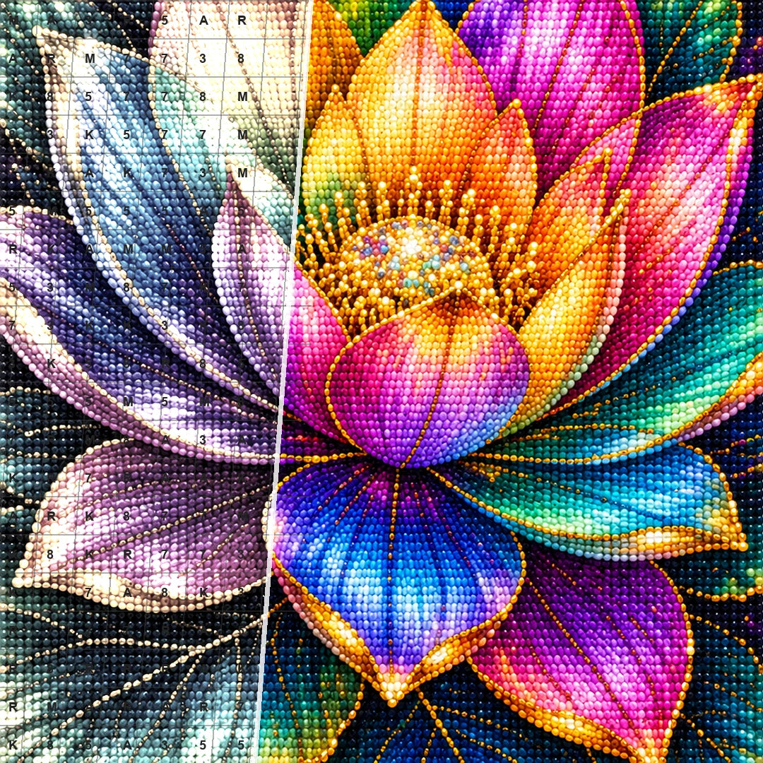 Rainbow Lotus Bloom Diamond Painting Kit — Diamond and canvas detail