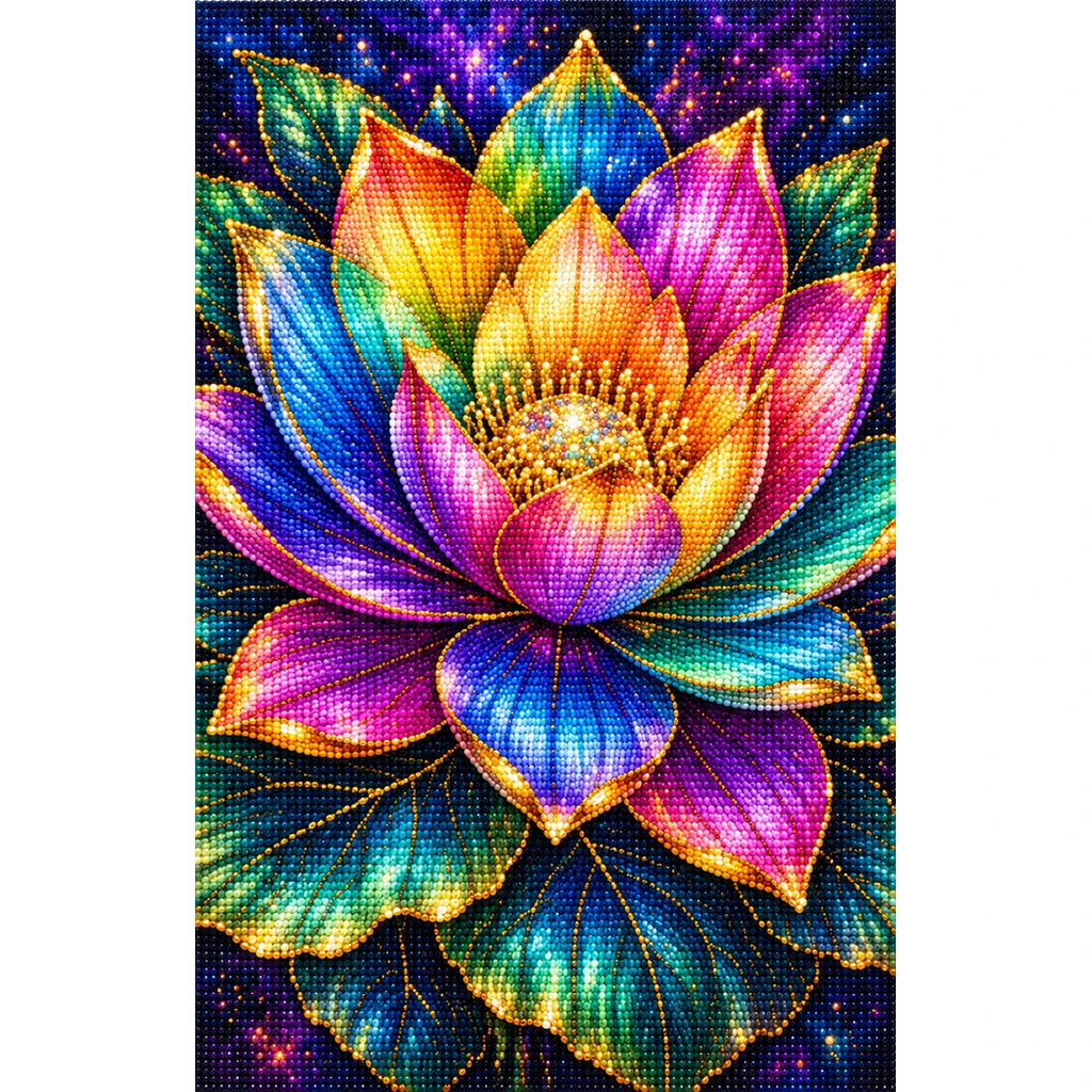 Rainbow Lotus Bloom Diamond Painting Kit — Finished white-background diamond painting