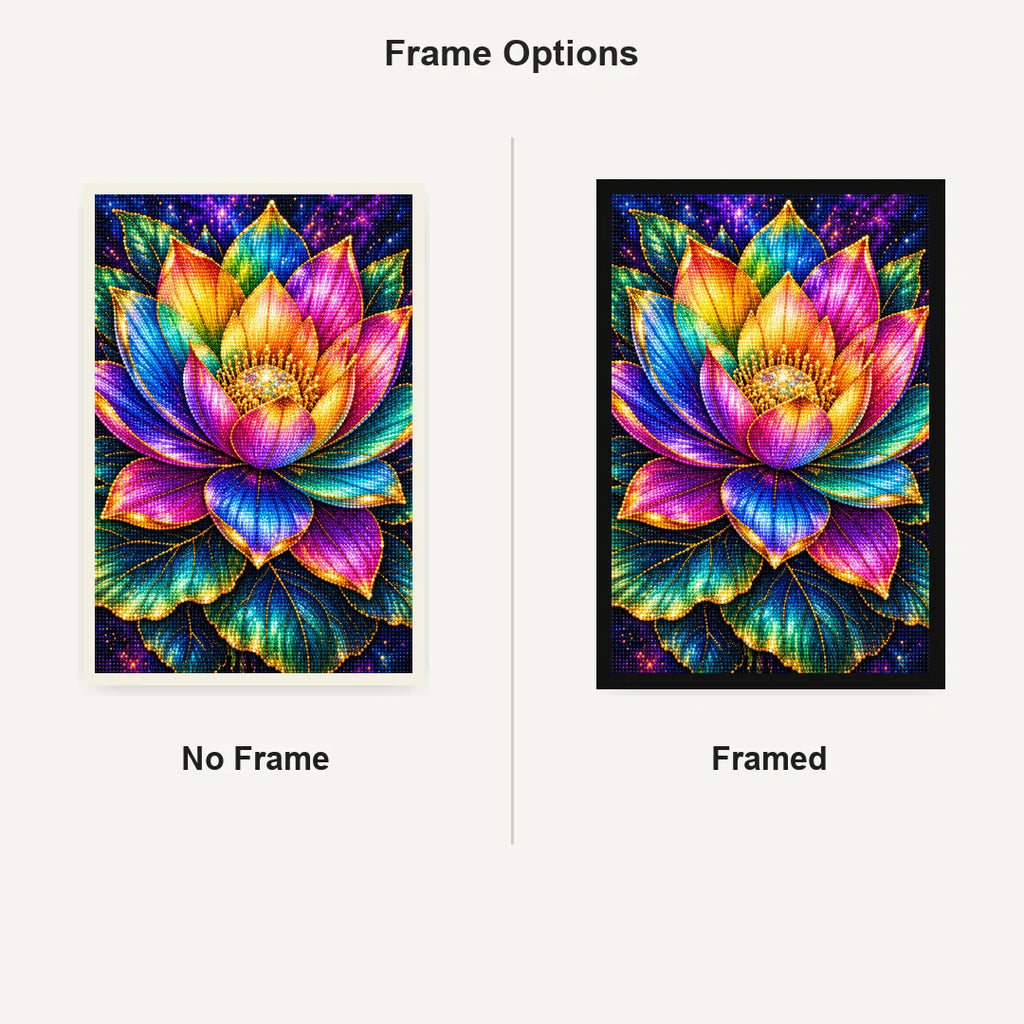Rainbow Lotus Bloom Diamond Painting Kit — No Frame and Framed comparison