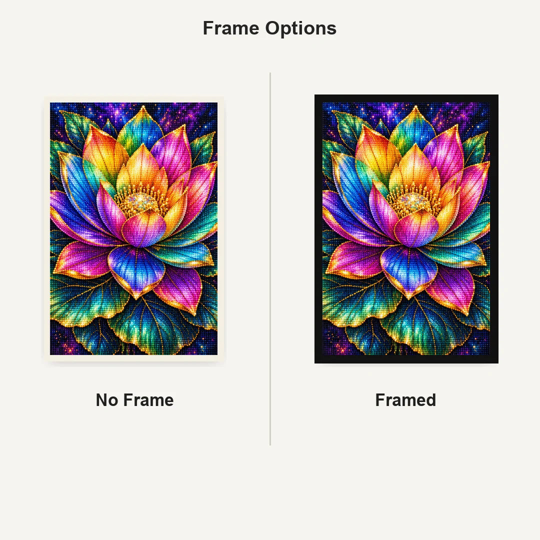 Rainbow Lotus Bloom Diamond Painting Kit — No Frame and Framed comparison