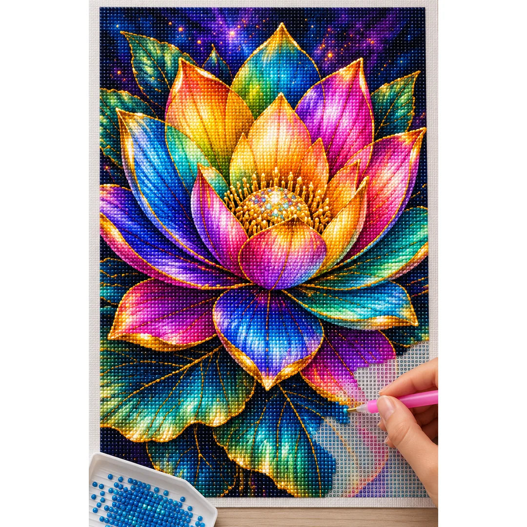 Rainbow Lotus Bloom Diamond Painting Kit — Diamond painting process