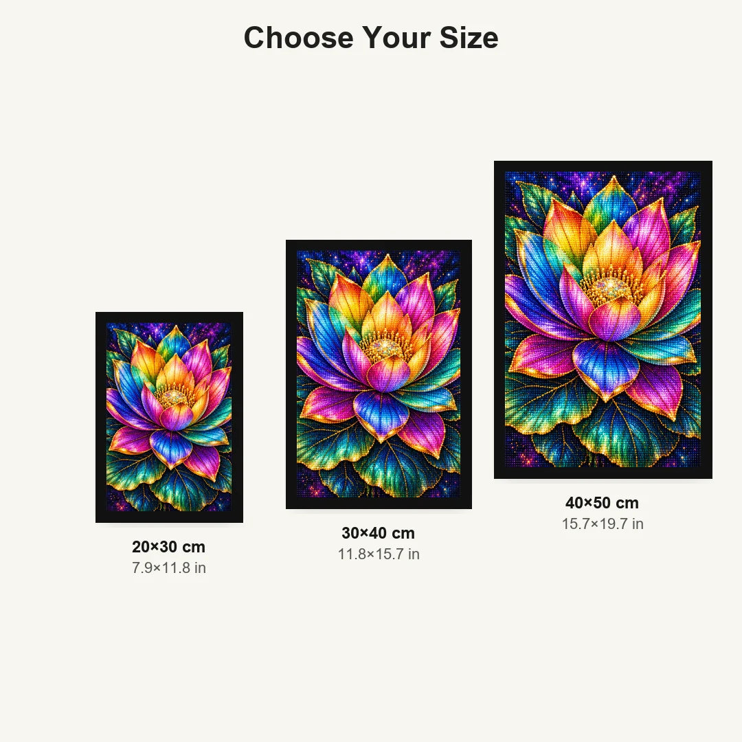 Rainbow Lotus Bloom Diamond Painting Kit — Size guide