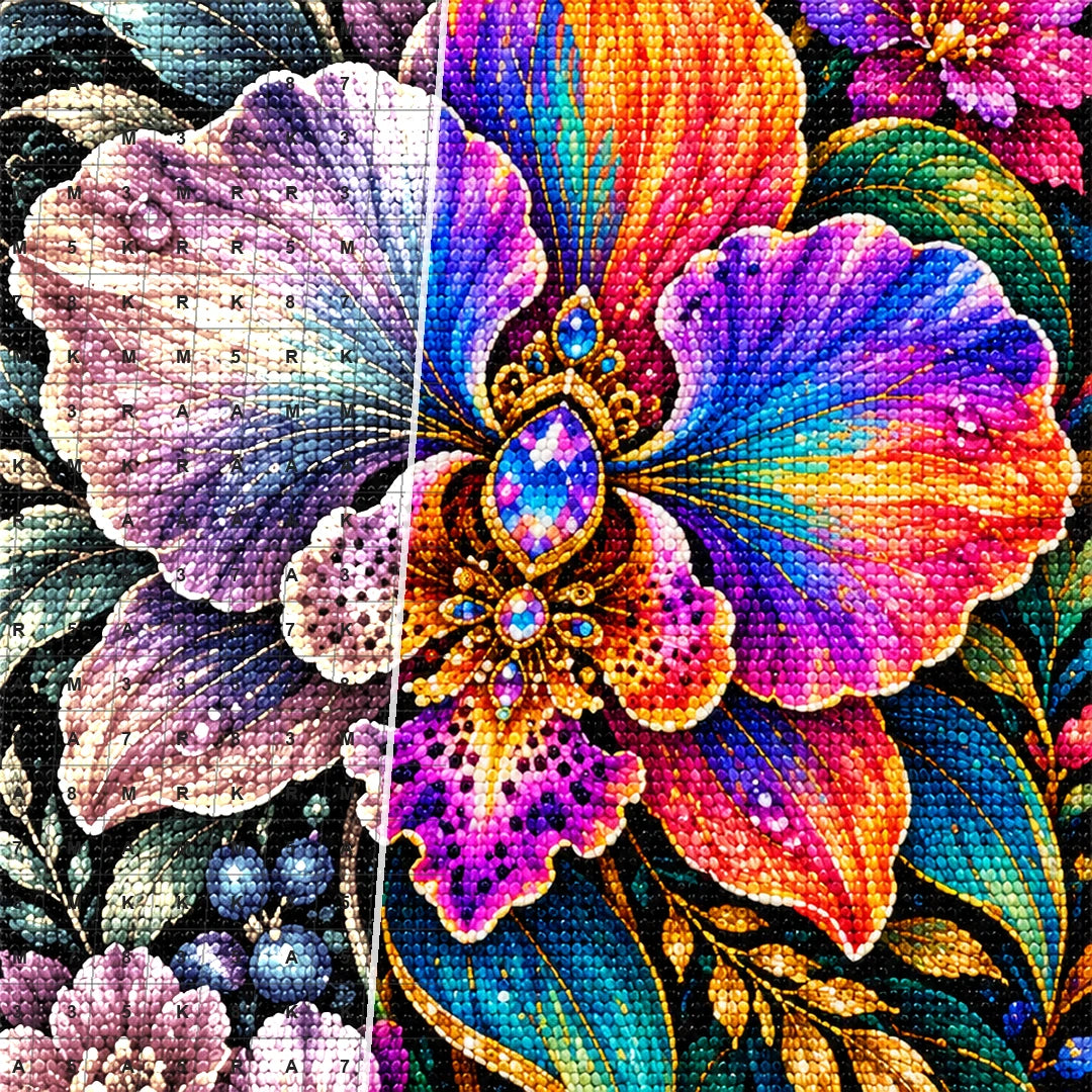 Rainbow Orchid Jewel Bloom Diamond Painting Kit — Diamond and canvas detail