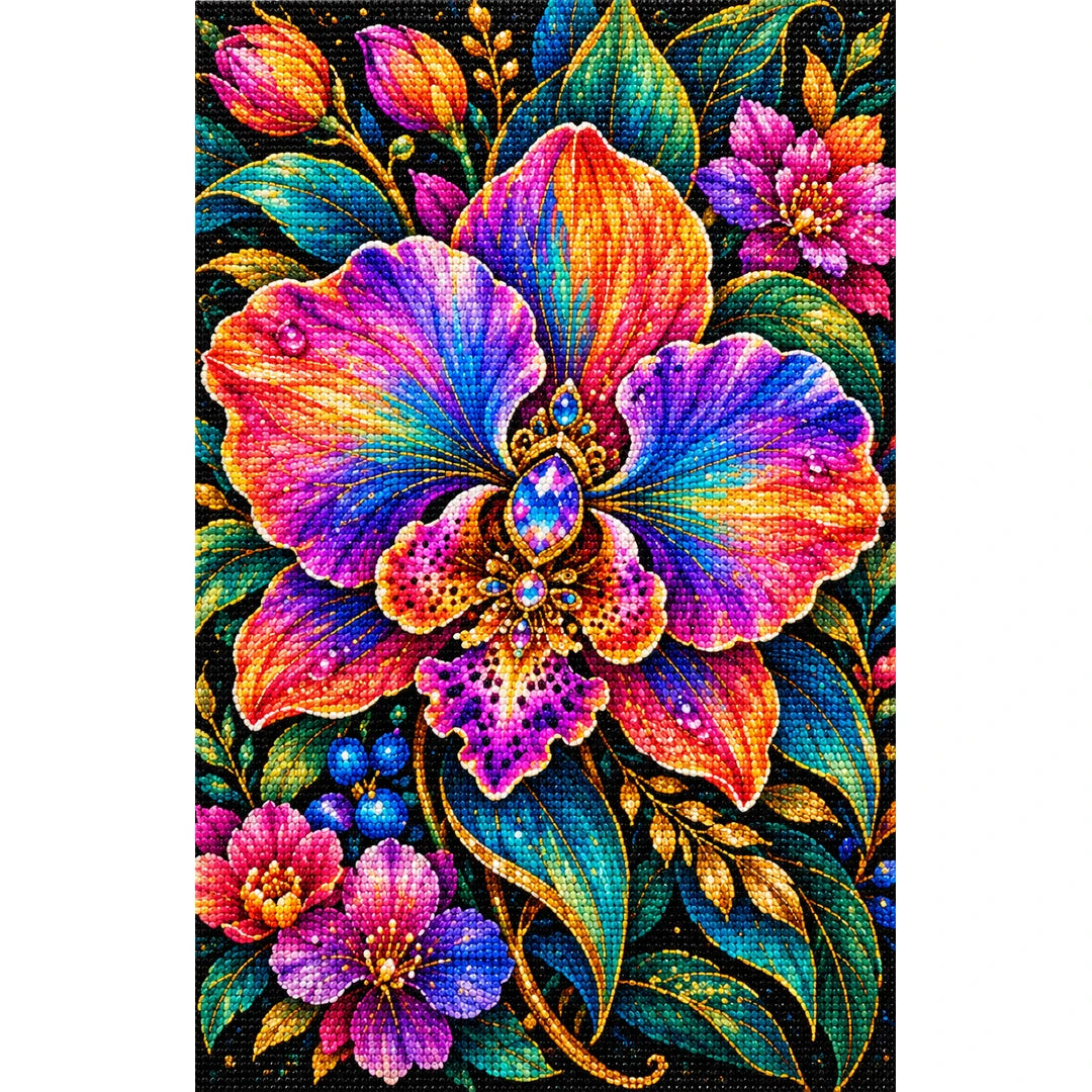 Rainbow Orchid Jewel Bloom Diamond Painting Kit — Finished white-background diamond painting