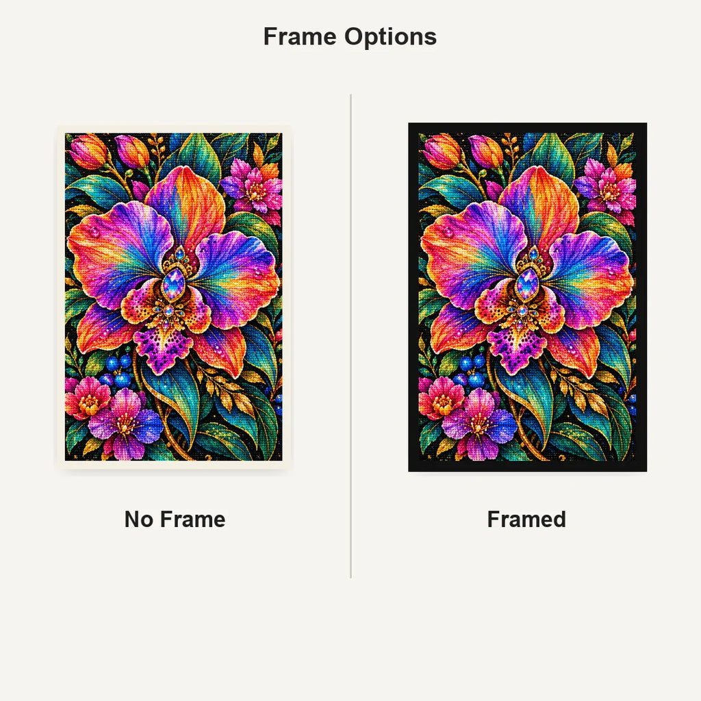 Rainbow Orchid Jewel Bloom Diamond Painting Kit — No Frame and Framed comparison