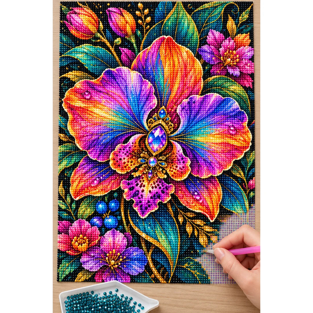 Rainbow Orchid Jewel Bloom Diamond Painting Kit — Diamond painting process