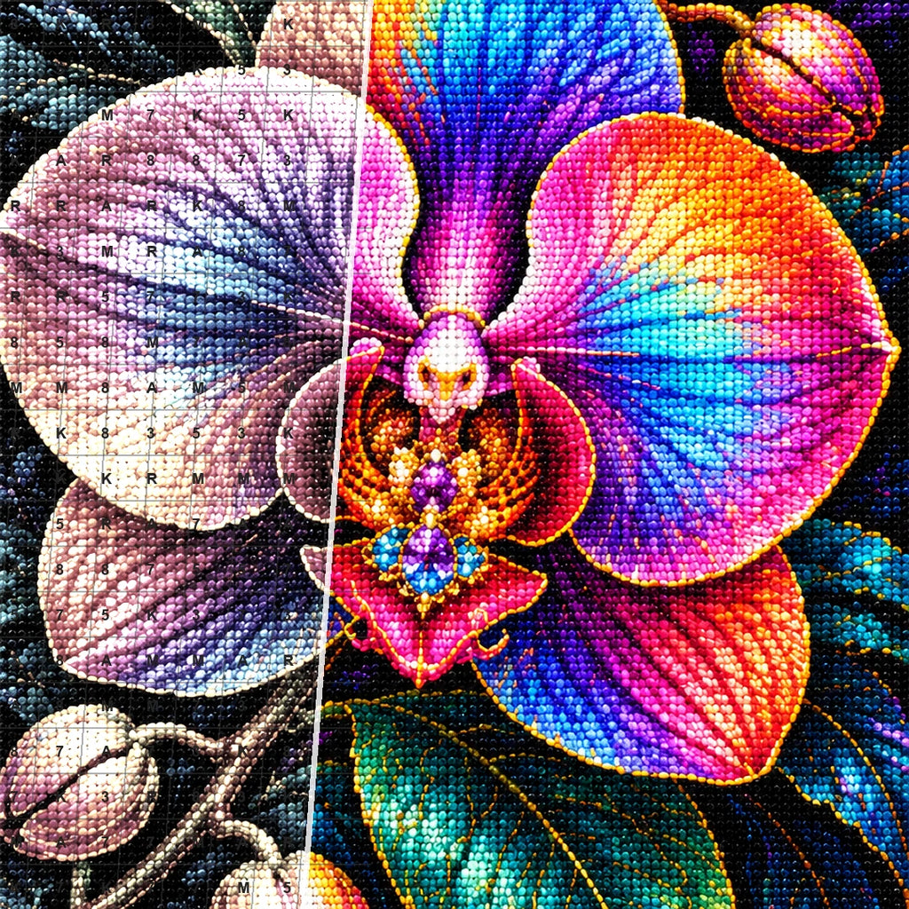 Rainbow Orchid Night Bloom Diamond Painting Kit — Diamond and canvas detail