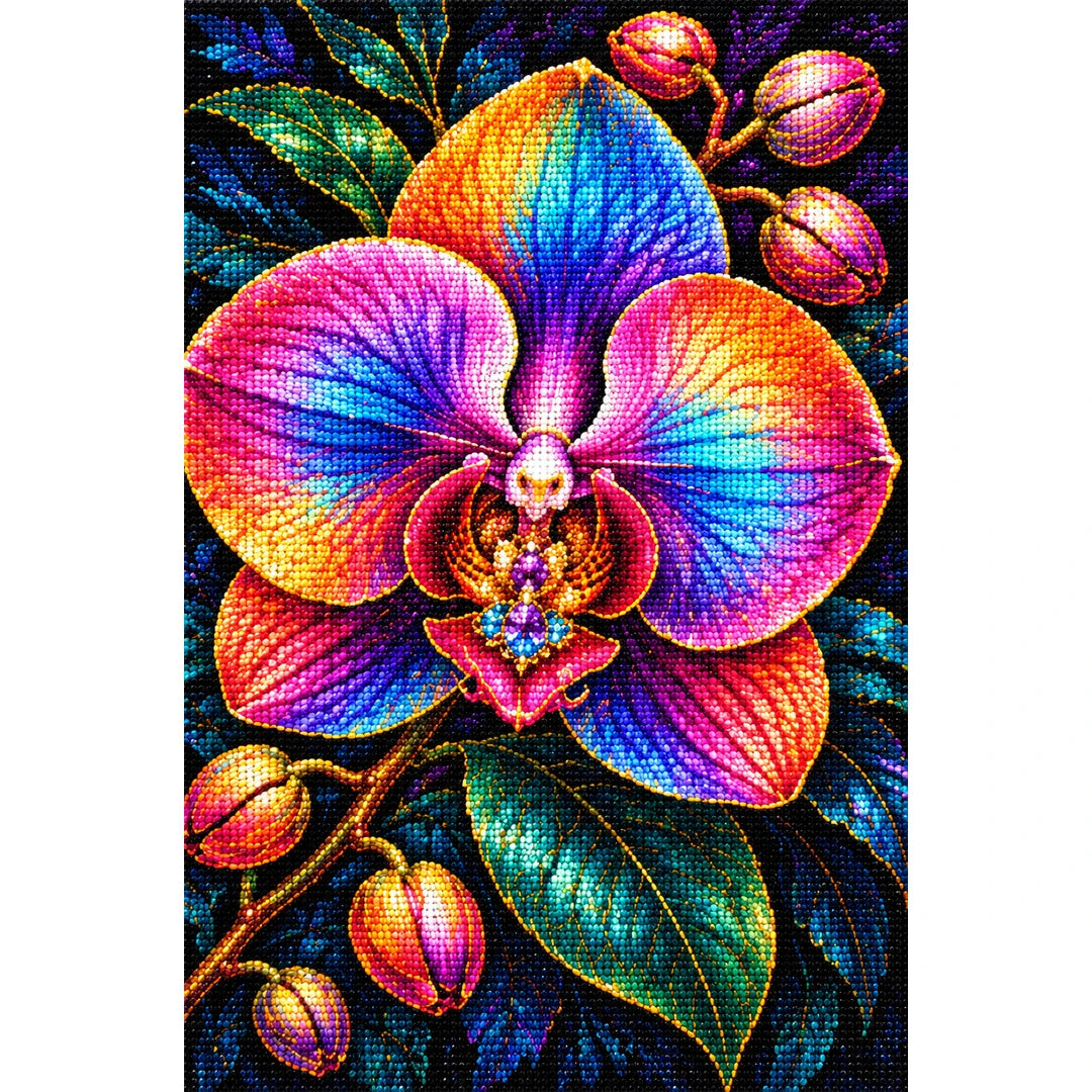 Rainbow Orchid Night Bloom Diamond Painting Kit — Finished white-background diamond painting