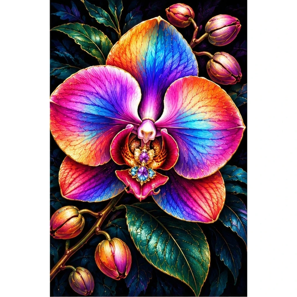 Rainbow Orchid Night Bloom Diamond Painting Kit — original white-background artwork