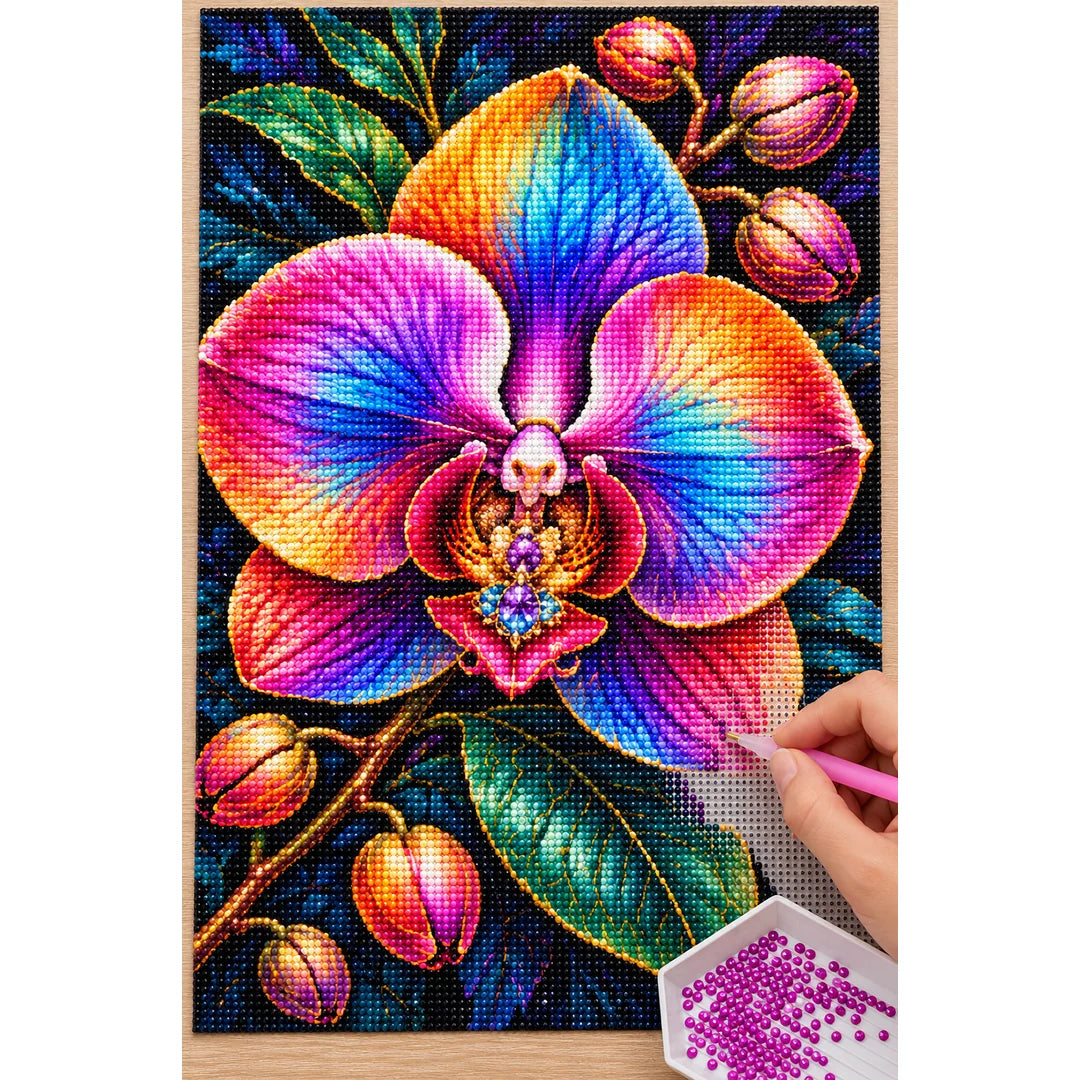 Rainbow Orchid Night Bloom Diamond Painting Kit — Diamond painting process