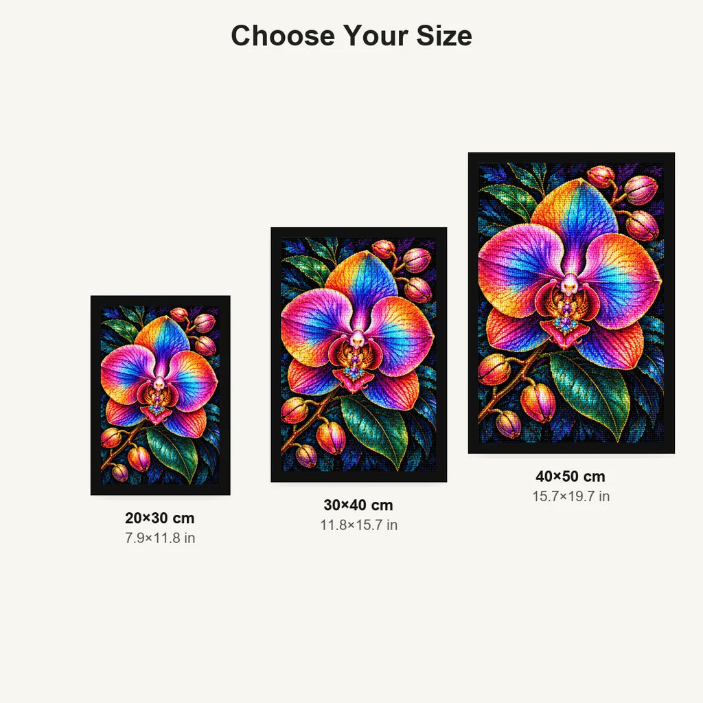 Rainbow Orchid Night Bloom Diamond Painting Kit — Size guide