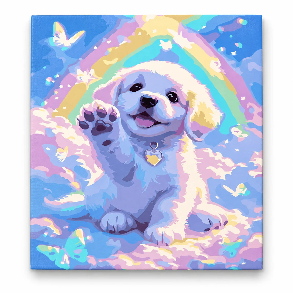 Rainbow Puppy Paw paint by numbers artwork on a front-facing canvas against a white background