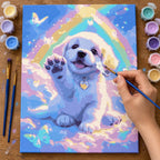 Complete Rainbow Puppy Paw numbered canvas being painted with acrylic paints and brushes
