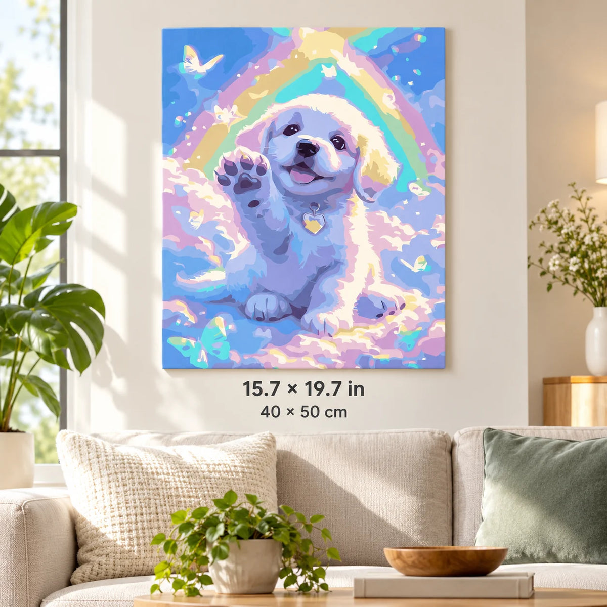 Rainbow Puppy Paw shown in a styled room with 15.7 × 19.7 in and 40 × 50 cm dimensions