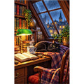 Rainy Library Window Black Cat — original artwork on a clean white background