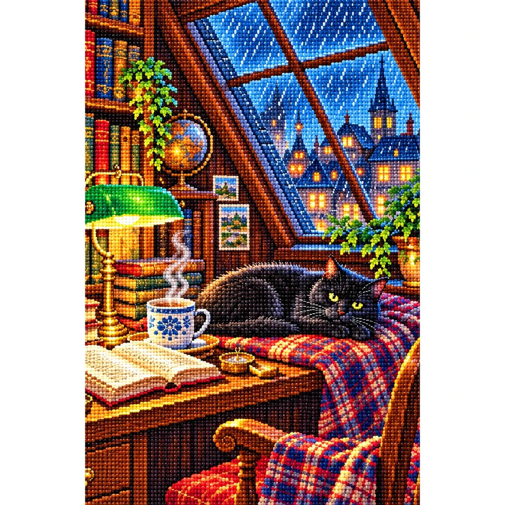 Rainy Library Window Black Cat — finished diamond painting on a white background