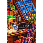 Rainy Library Window Black Cat — finished diamond painting on a white background