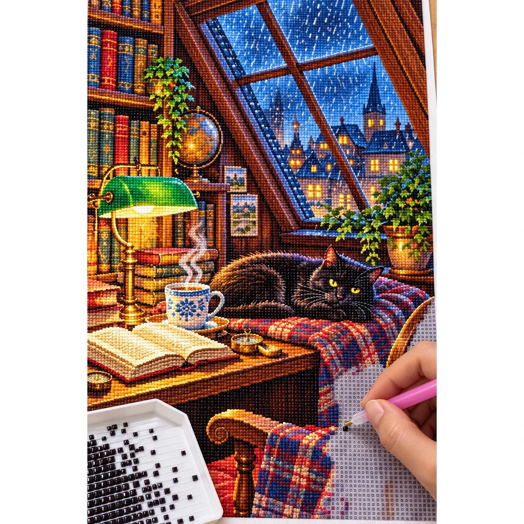 Rainy Library Window Black Cat — diamond painting process with applicator pen