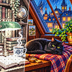Rainy Library Window Black Cat — close-up canvas and resin drill detail