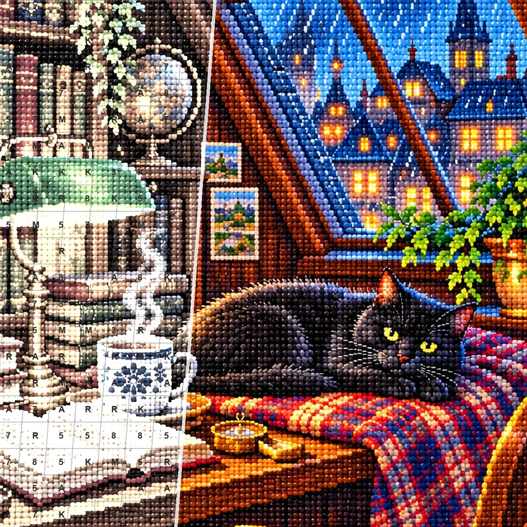 Rainy Library Window Black Cat — close-up canvas and resin drill detail