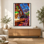 Rainy Library Window Black Cat — finished diamond painting displayed in a home interior