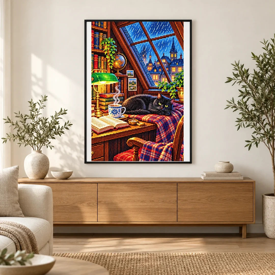 Rainy Library Window Black Cat — finished diamond painting displayed in a home interior