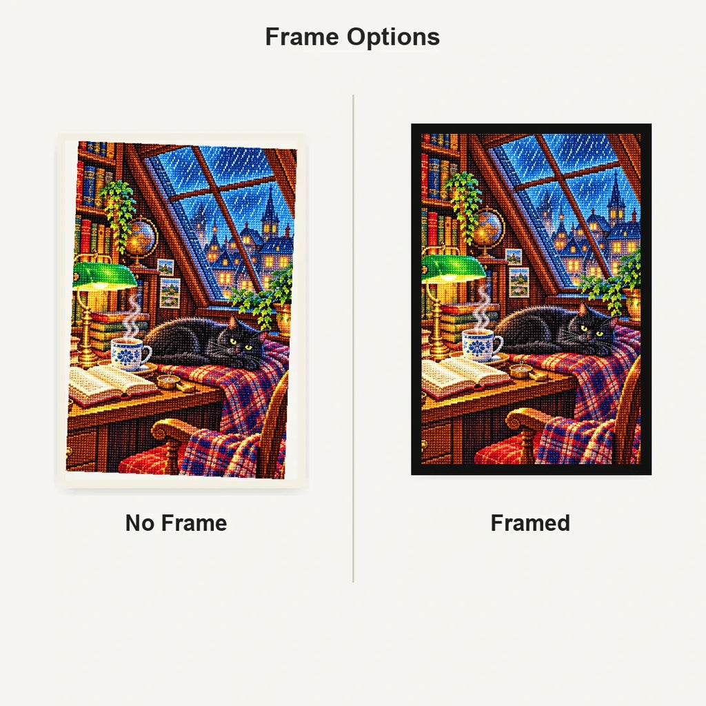 Rainy Library Window Black Cat — No Frame and Framed style comparison