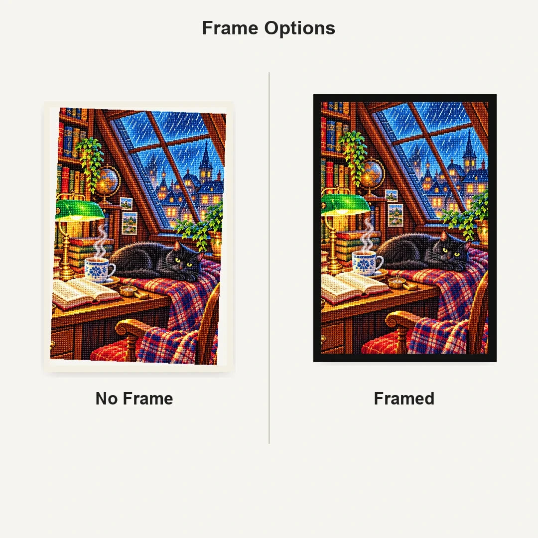 Rainy Library Window Black Cat — No Frame and Framed style comparison
