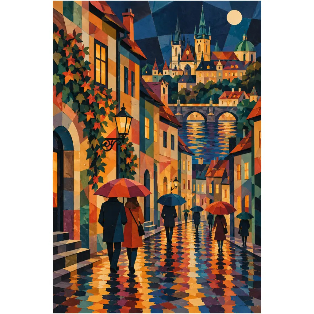 White-background original artwork of a rainy old town with Gothic towers, a riverside bridge, autumn leaves, and umbrella-carrying figures for a diamond painting kit