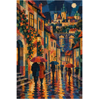 White-background diamondized artwork of a couple beneath an umbrella on a rainy old city street