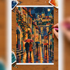 Diamond painting process showing the rainy old city street artwork being completed with a stylus