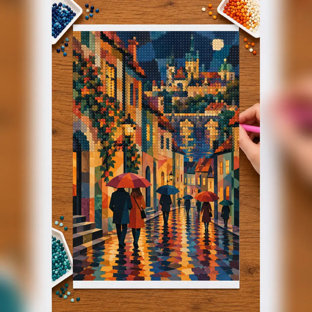 Diamond painting process showing the rainy old city street artwork being completed with a stylus