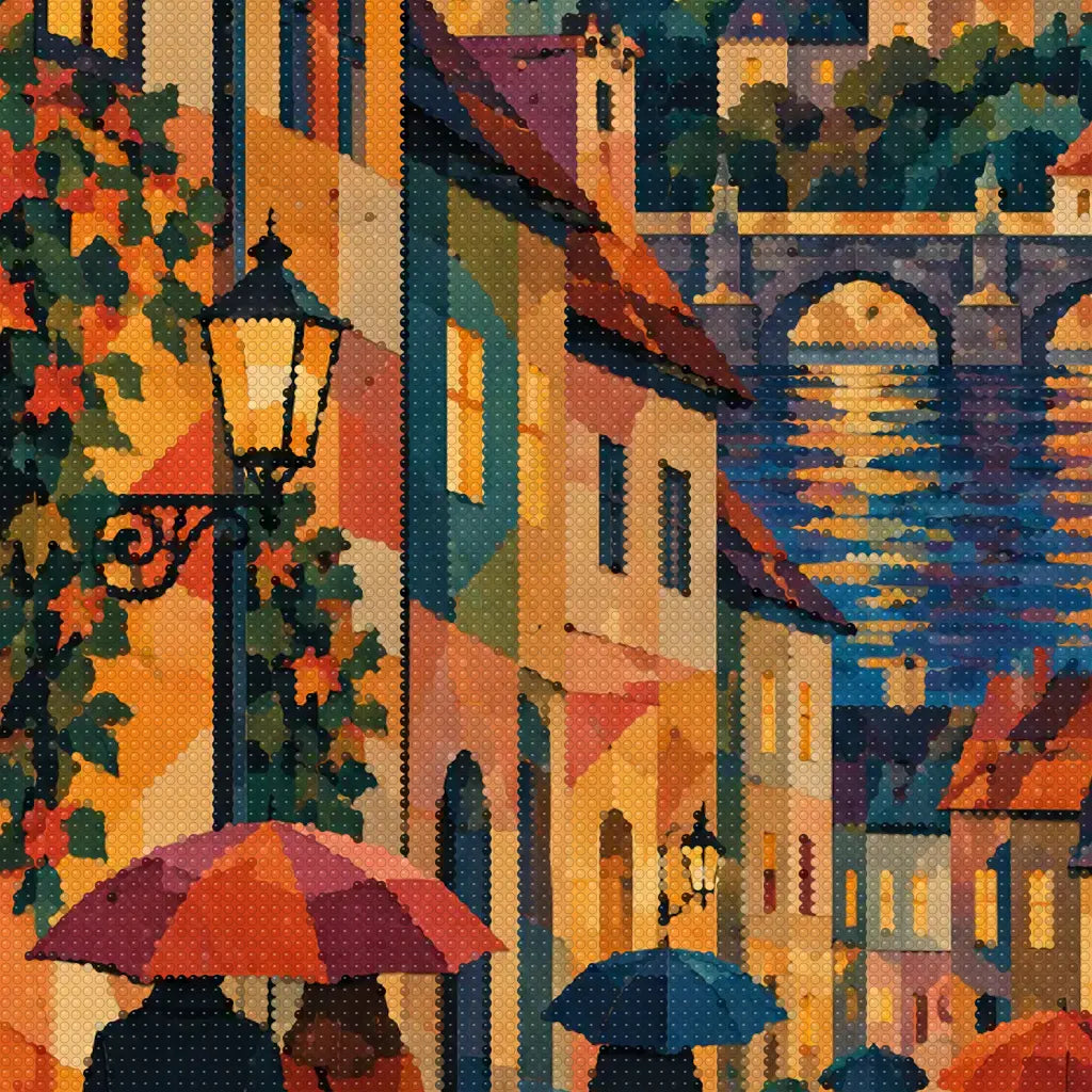 Close-up diamond drill detail of colorful old city buildings, cobblestones, and a rainy street