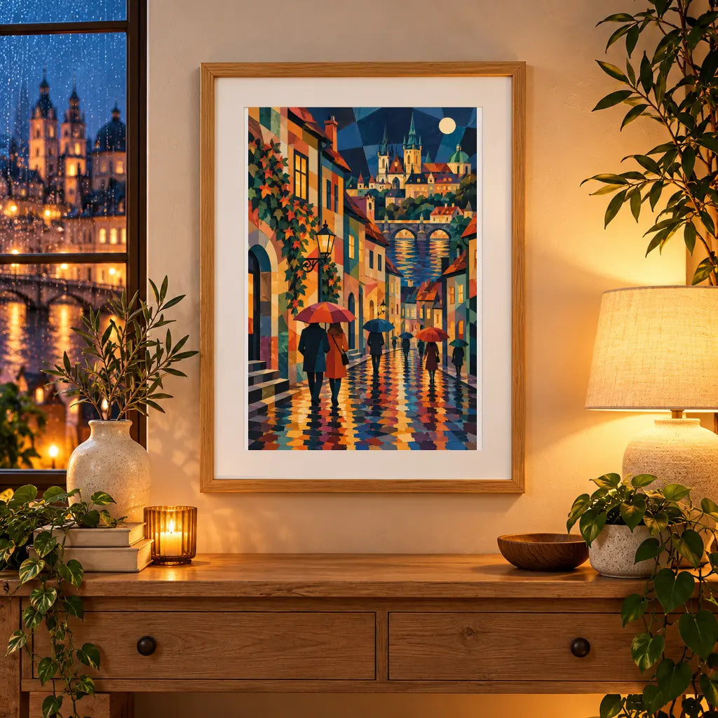 Framed rainy old city evening diamond painting displayed as home decor
