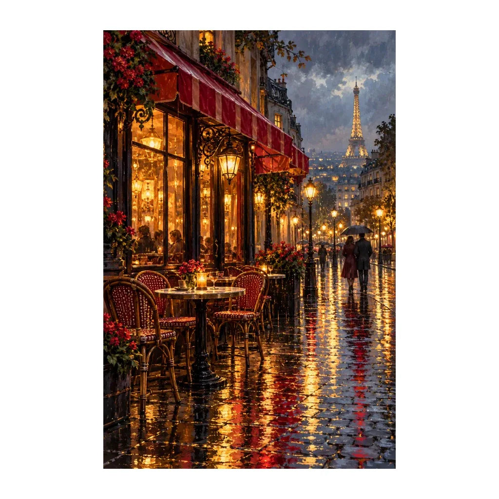 Original Rainy Paris Cafe artwork on a white background.
