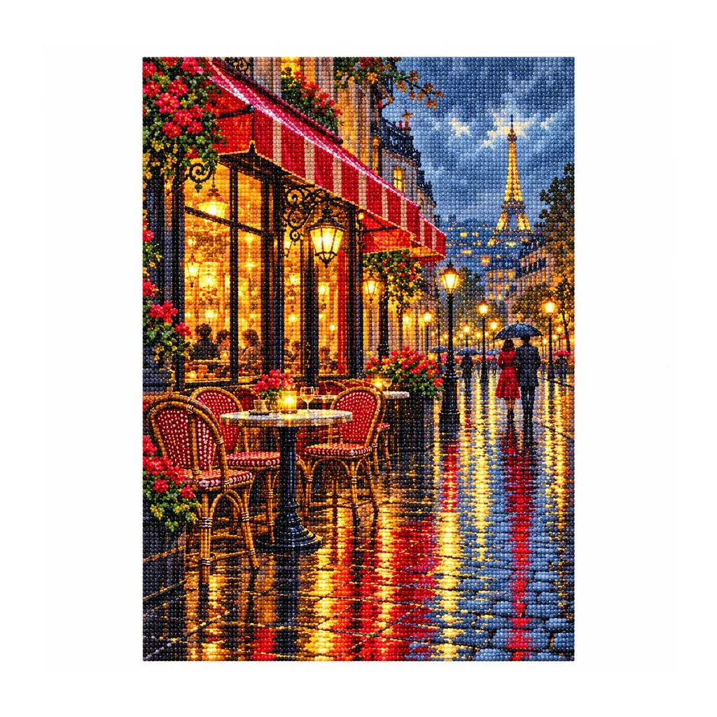 White-background finished diamond painting of Rainy Paris Cafe.