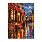 White-background finished diamond painting of Rainy Paris Cafe.
