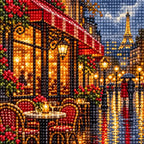 Close-up of drill details in the Rainy Paris Cafe diamond painting.