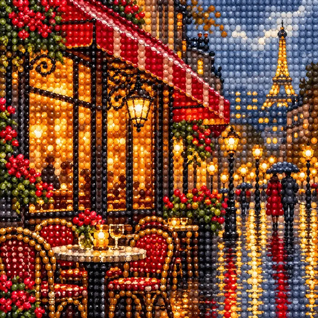 Close-up of drill details in the Rainy Paris Cafe diamond painting.