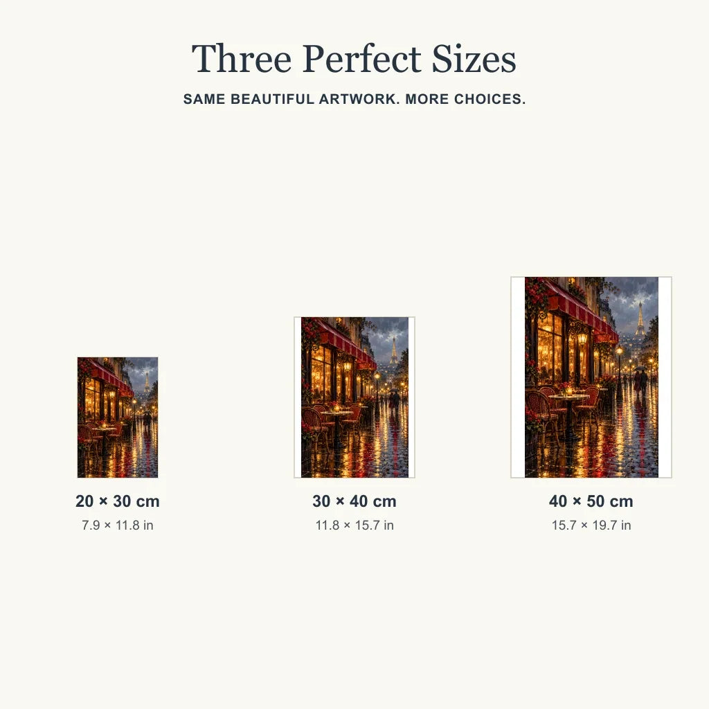 Size guide for Rainy Paris Cafe: 20 × 30, 30 × 40, and 40 × 50 cm.