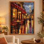 Framed Rainy Paris Cafe diamond painting displayed as home decor.