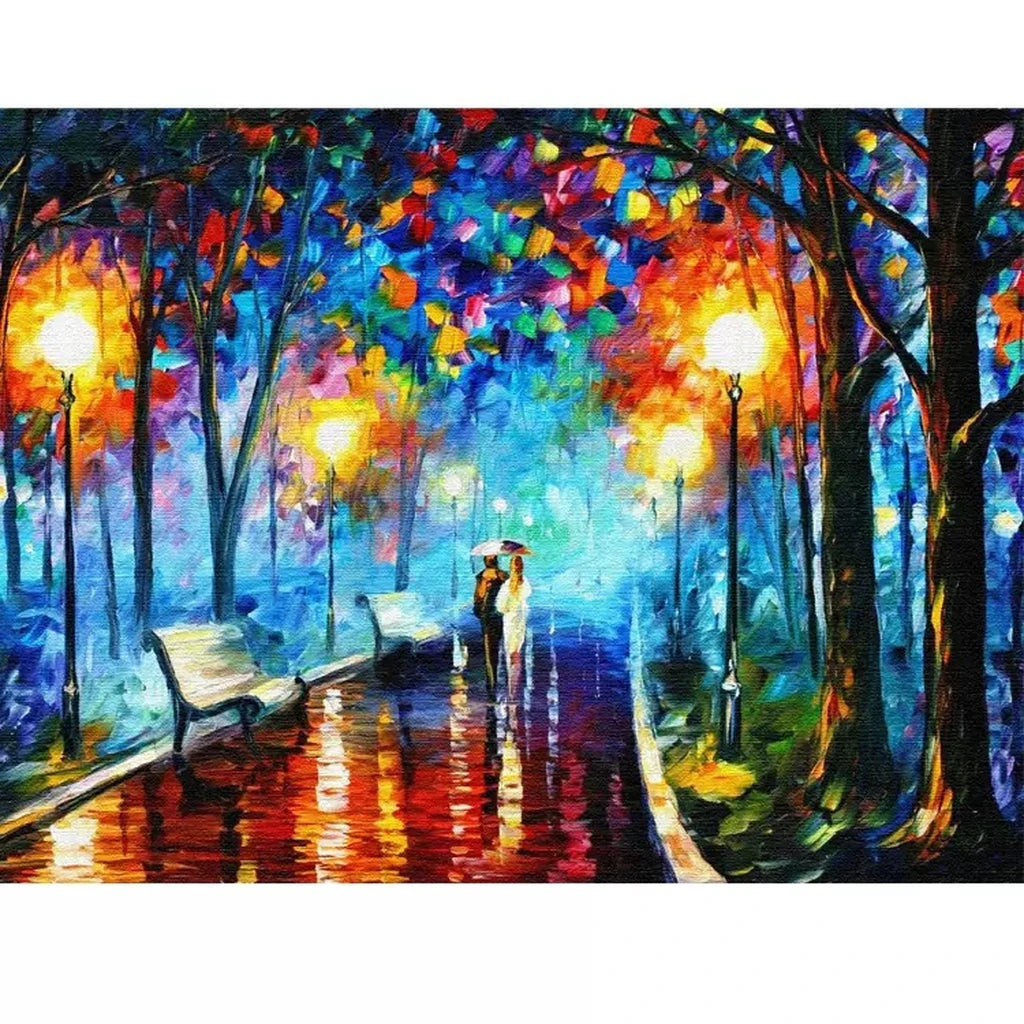 Original artwork for Rainy Park Couple Under an Umbrella Diamond Painting Kit