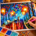 Diamond painting process for Rainy Park Couple Under an Umbrella Diamond Painting Kit