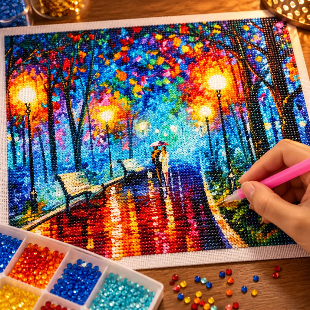 Diamond painting process for Rainy Park Couple Under an Umbrella Diamond Painting Kit