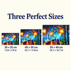 Size guide for Rainy Park Couple Under an Umbrella Diamond Painting Kit: 30 × 20 cm, 40 × 30 cm, 50 × 40 cm.